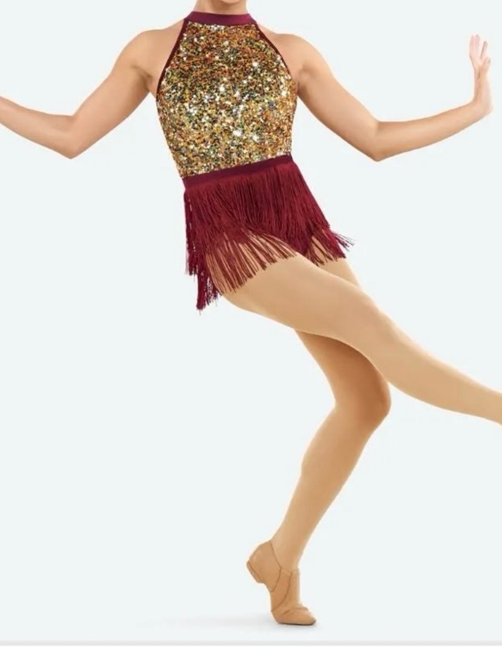 Revolution From the Start Gold Sequin and Burgundy Fringe Dance Costume